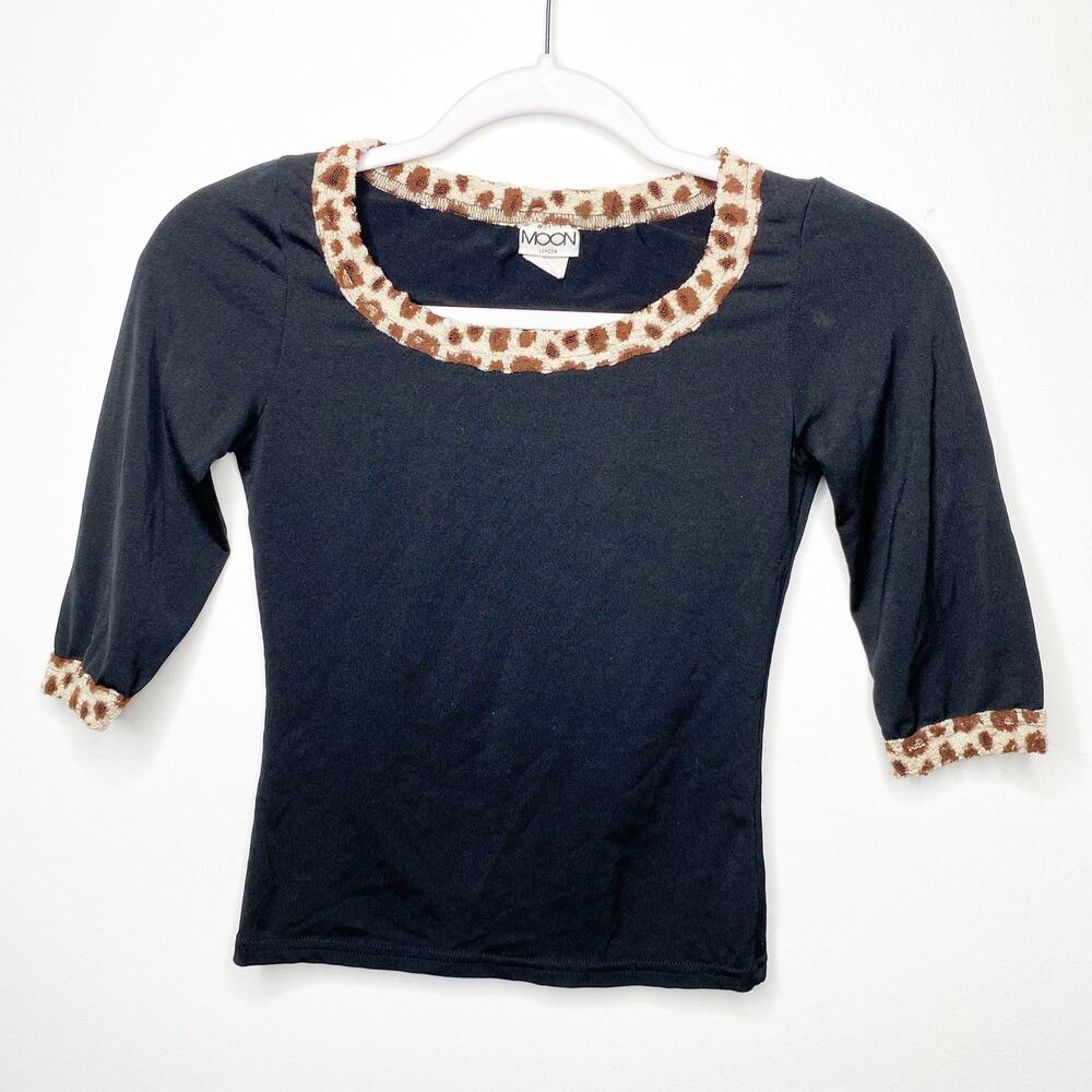 Vintage White Moon Womens Size S Leopard Trim Stitch 3/4 Sleeve Top